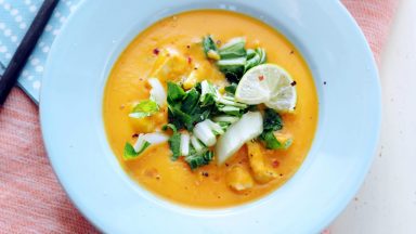 Süßkartoffelsuppe mit rotem Curry und Pak Choi