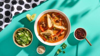 Dumpling-Suppe mit rotem Curry & Gemüse